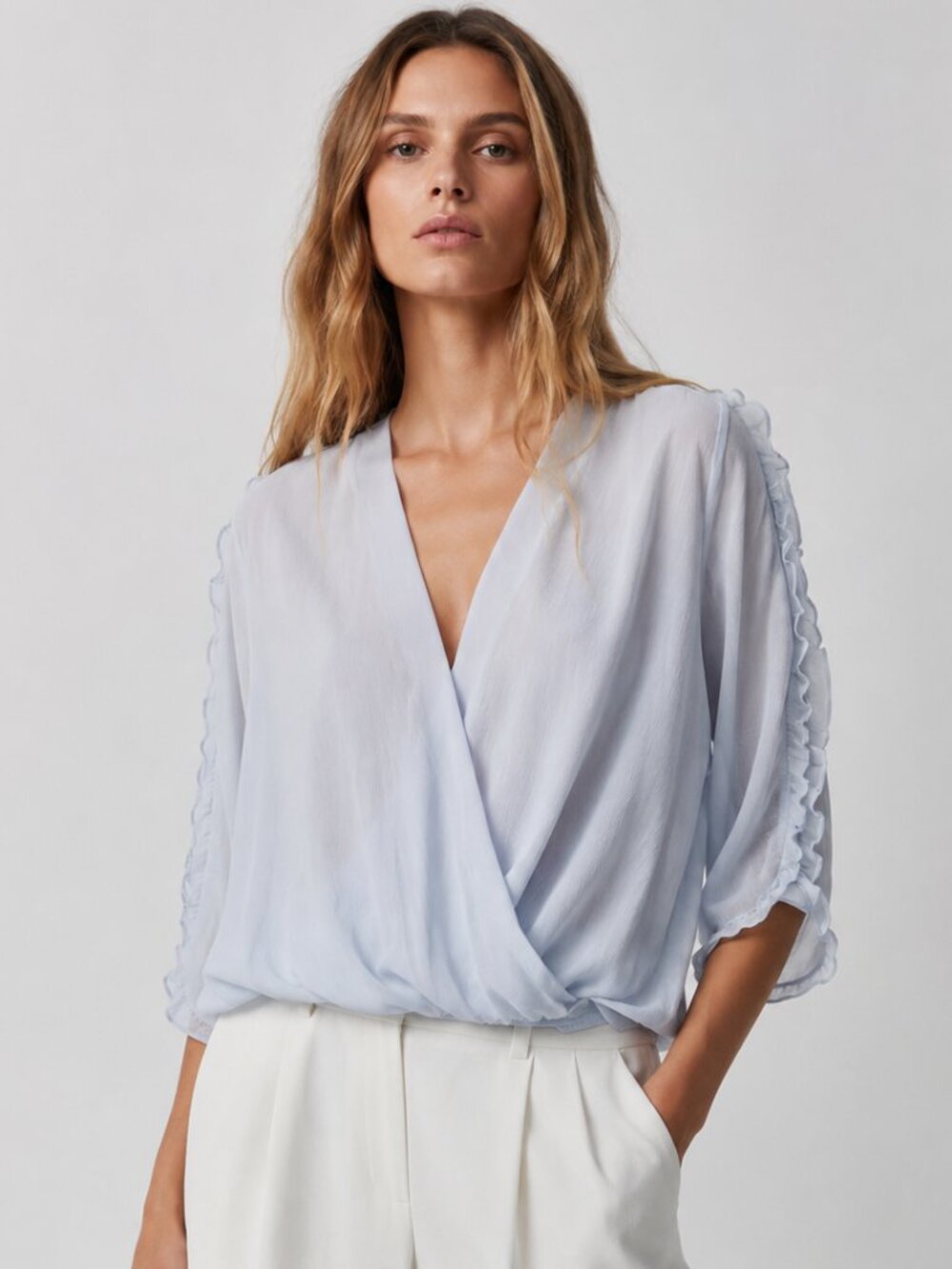 Zara Sheer Ruffle Sleeve Wrap Blouse